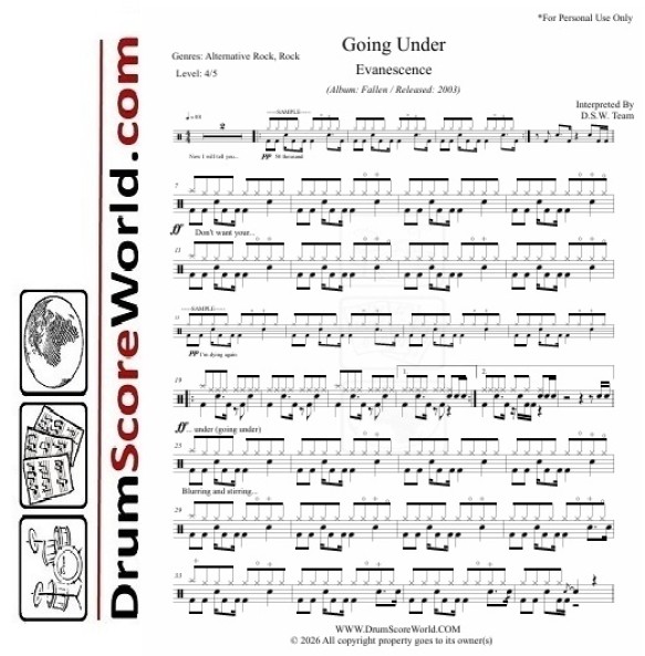 Evanescence - Going Under | Drum Sheet + Play-Along Track